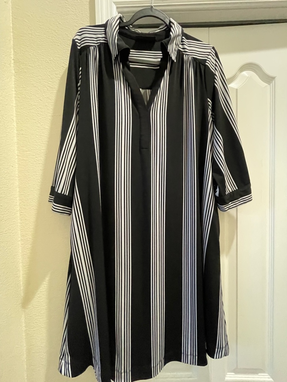 INC Black & White Vertical Stripe Classic Collar Dress